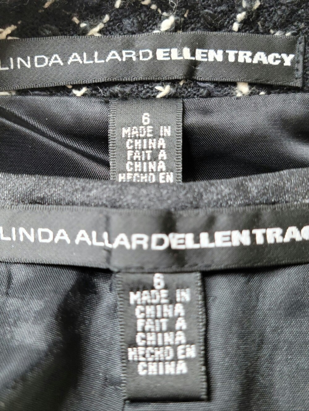Linda Allard Ellen Tracy Tweed Skirt Suit Set Size 6 Black White Fringe Trim - Picture 8 of 11